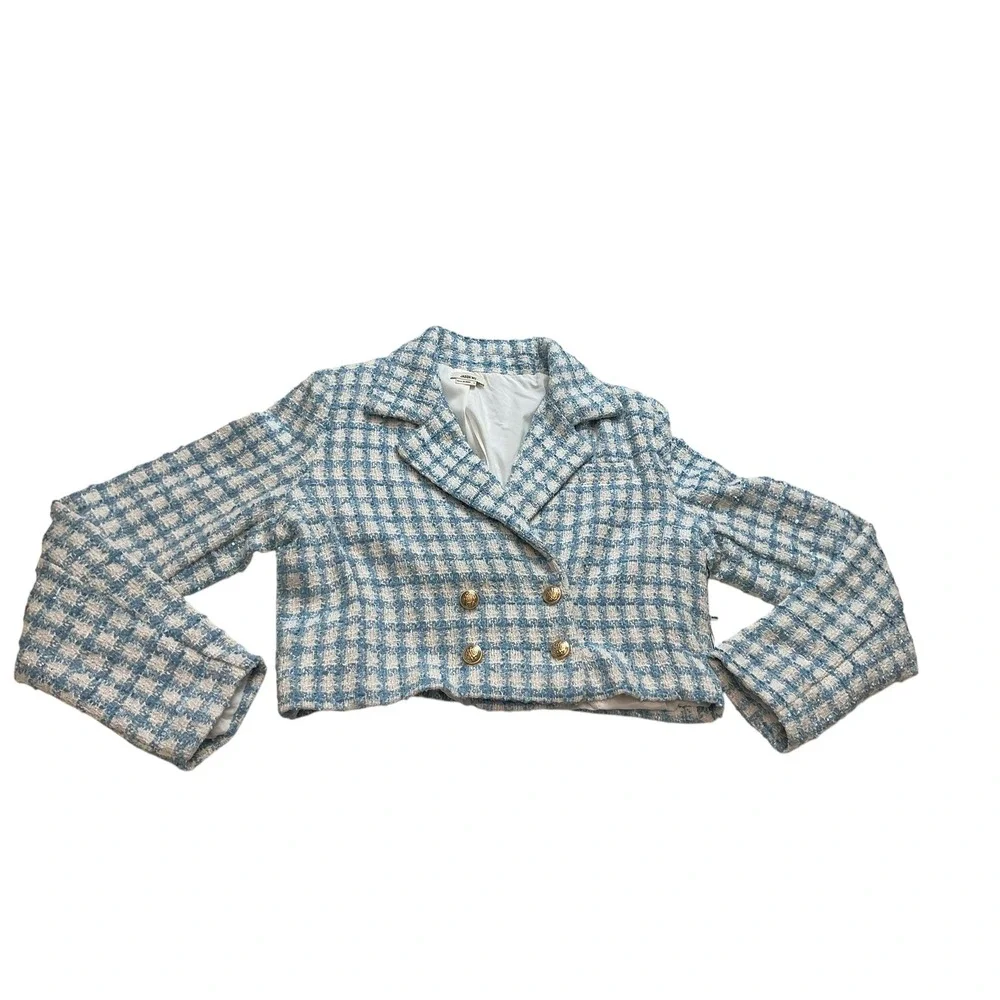 Jason Wu Blue White Checkered Tweed Cropped Double Breasted Blazer Jacket 10 NEW